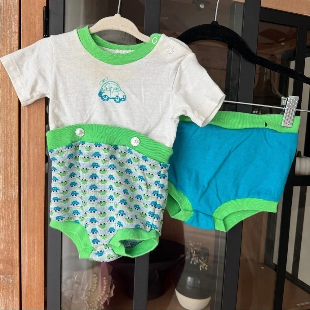 1980s Vintage Toddle Time set baby boy cars embroidered neon romper onesie short